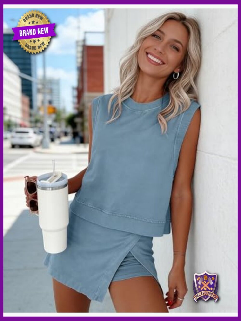2 Piece Cotton Tank Top Skort Set Casual Summer Tracksuit with Side Slit & - Picture 3 of 7